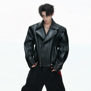 Deconstructed Black Faux Leather Crocodile-Texture Jacket - main image 2