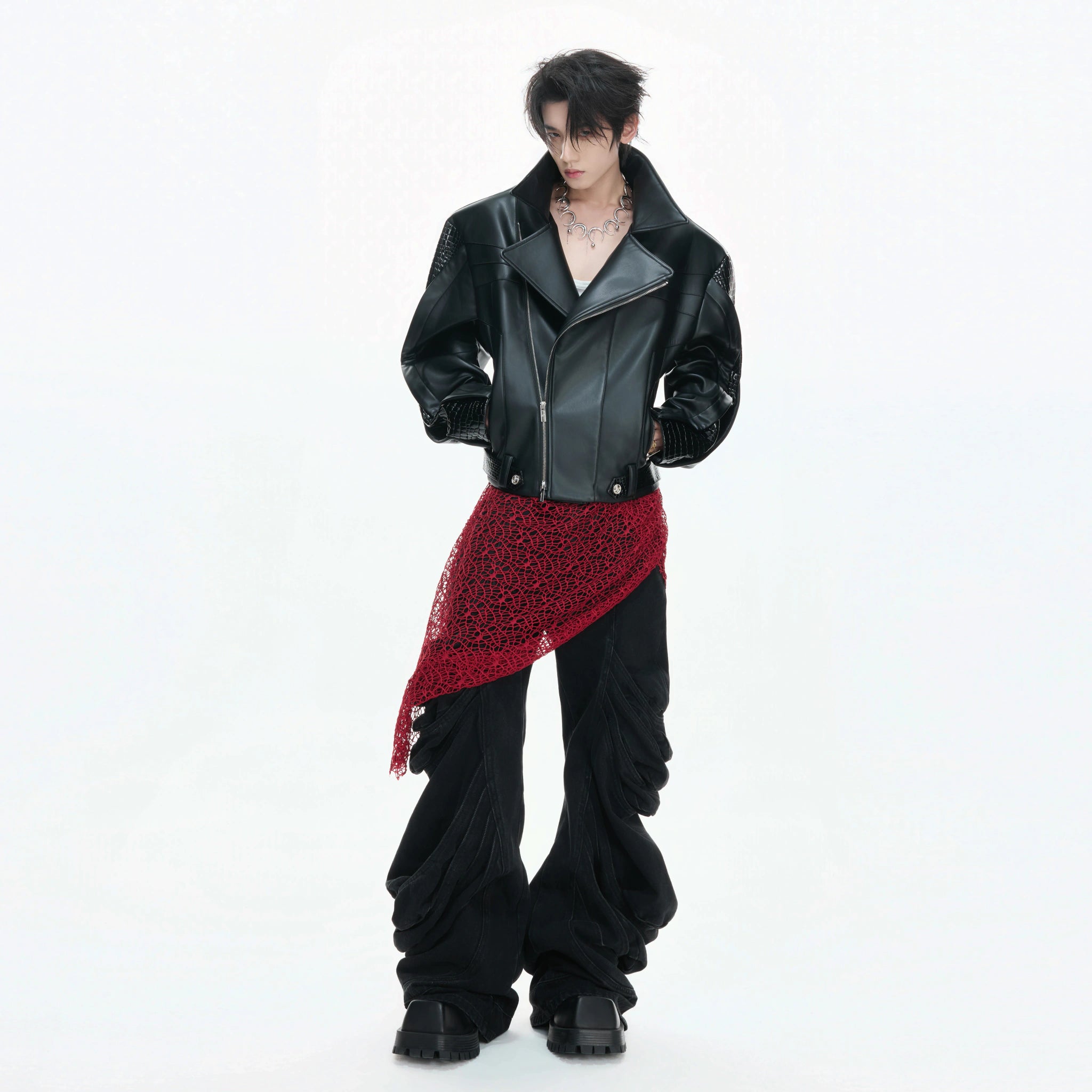 Deconstructed Black Faux Leather Crocodile-Texture Jacket - main image 3