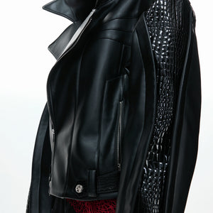 Deconstructed Black Faux Leather Crocodile-Texture Jacket - main image 4