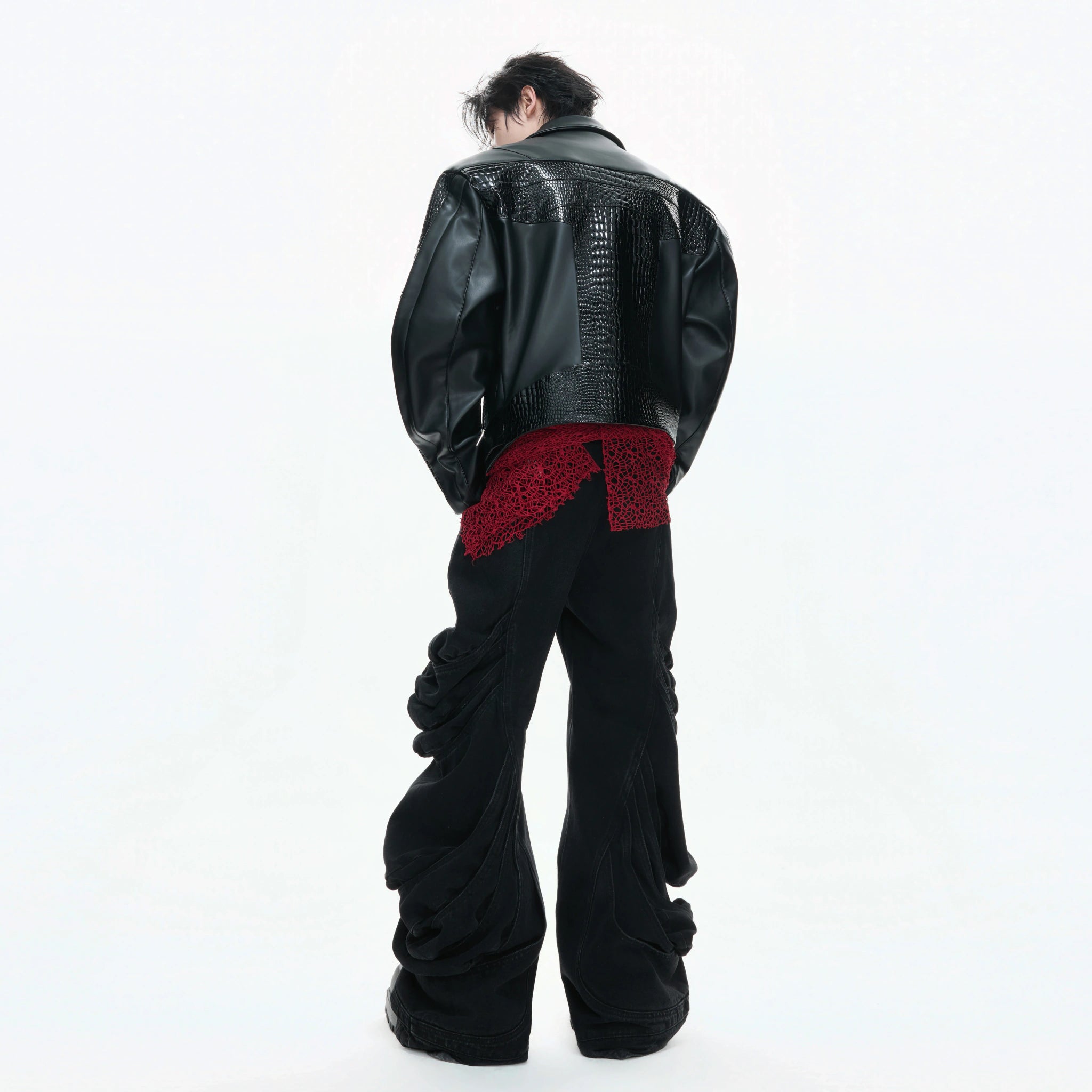 Deconstructed Black Faux Leather Crocodile-Texture Jacket - main image 5