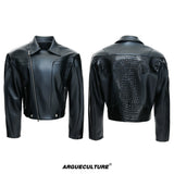 Deconstructed Black Faux Leather Crocodile-Texture Jacket - Black Top