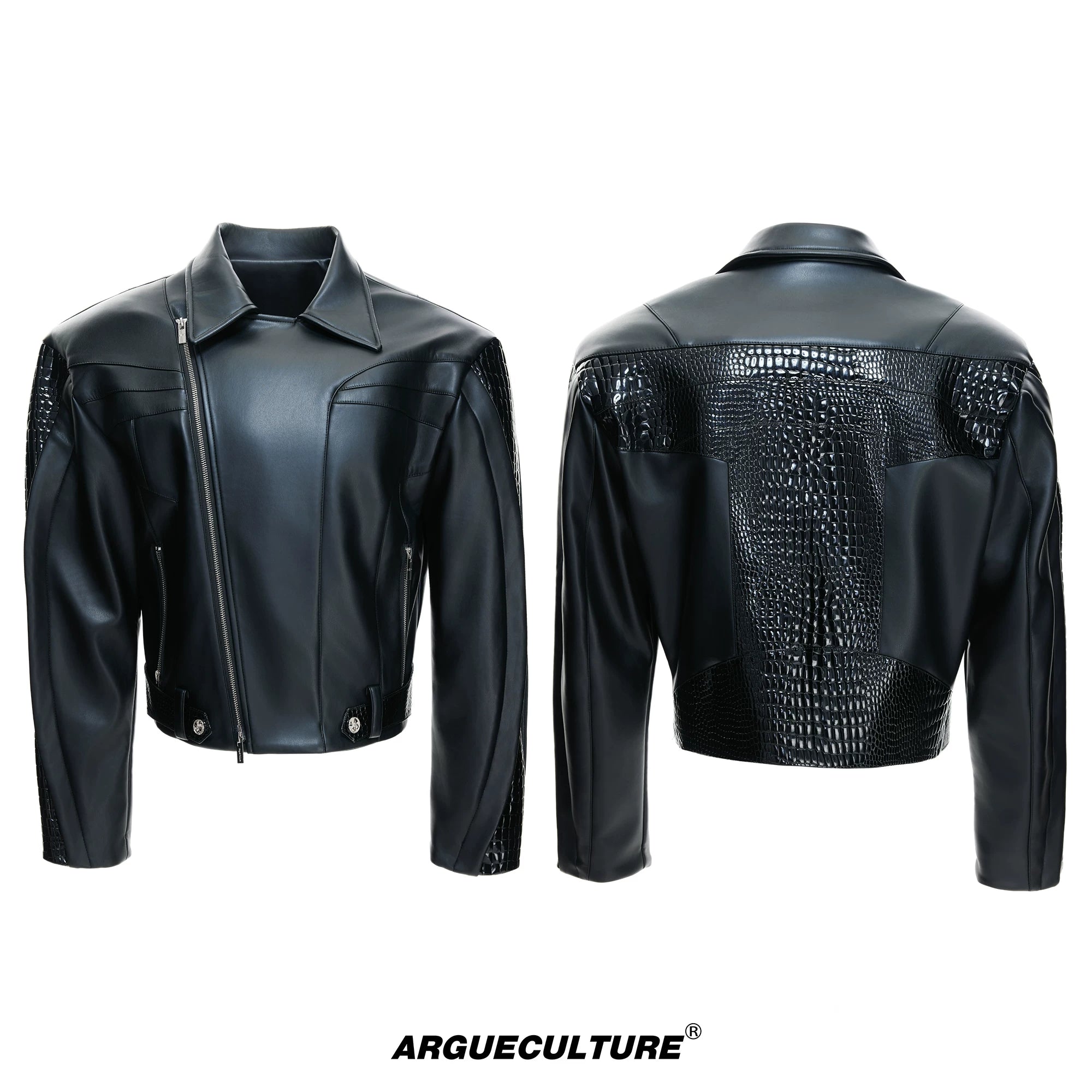 Deconstructed Black Faux Leather Crocodile-Texture Jacket - Black Top