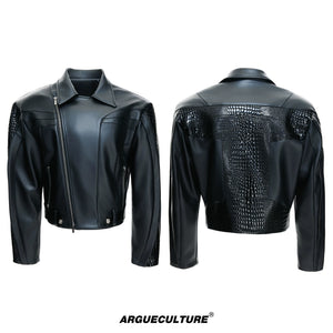 Deconstructed Black Faux Leather Crocodile-Texture Jacket - Black Top