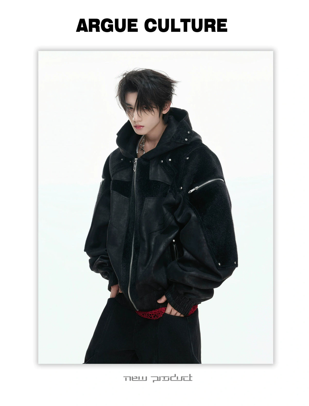 Hooded Deconstructed Faux Leather Jacket in Black - description image 4