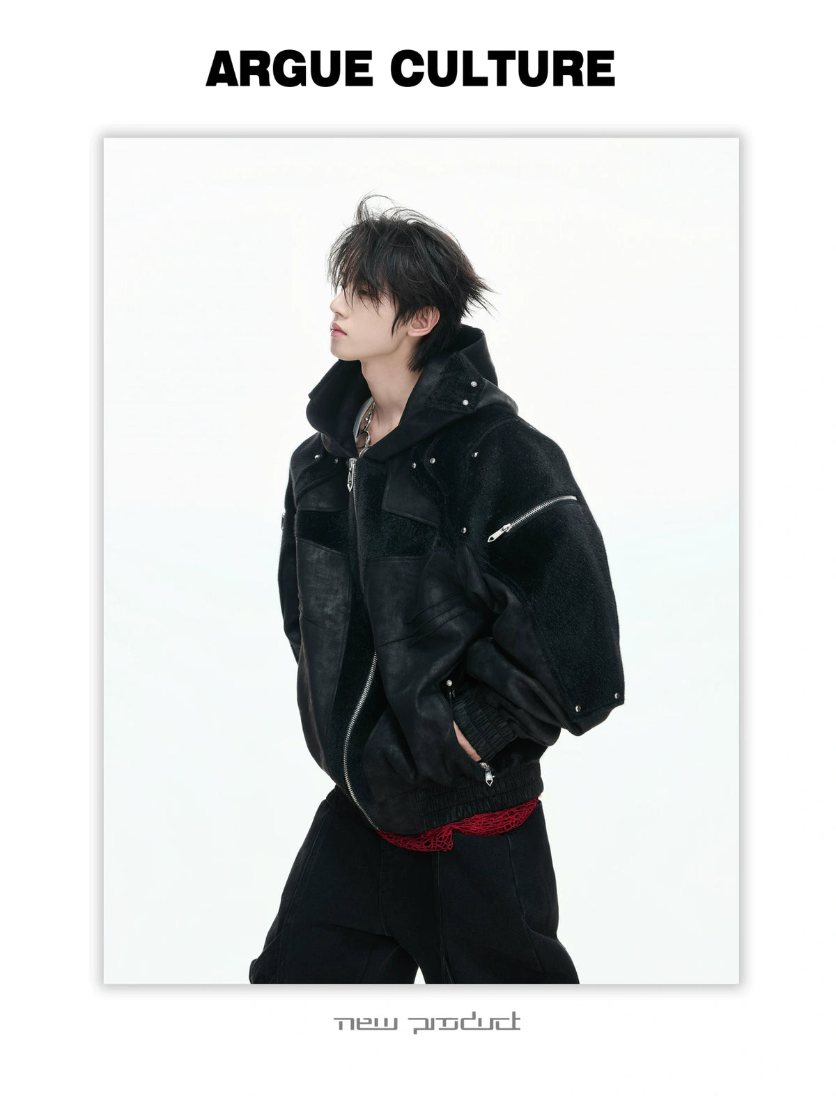 Hooded Deconstructed Faux Leather Jacket in Black - description image 5