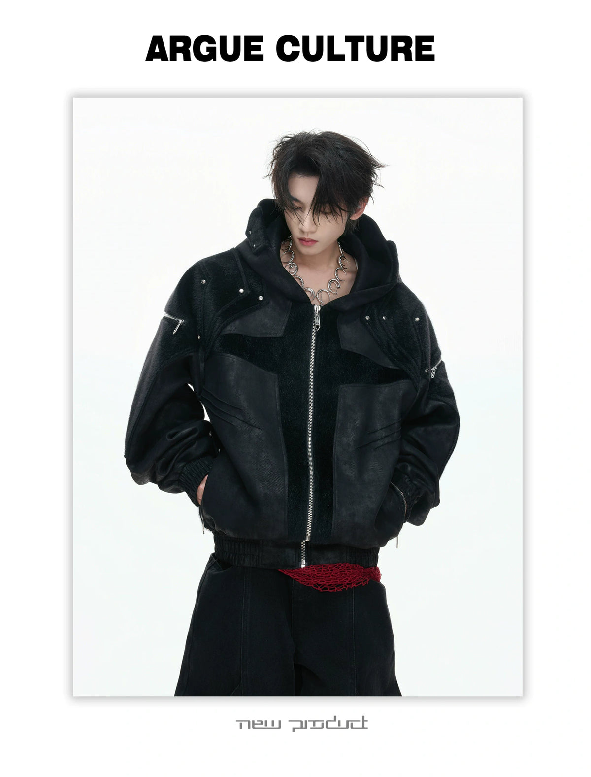 Hooded Deconstructed Faux Leather Jacket in Black - description image 6