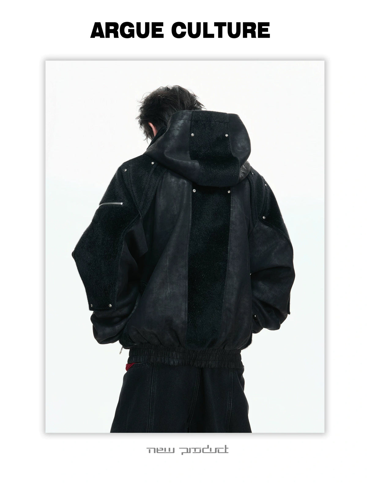 Hooded Deconstructed Faux Leather Jacket in Black - description image 7
