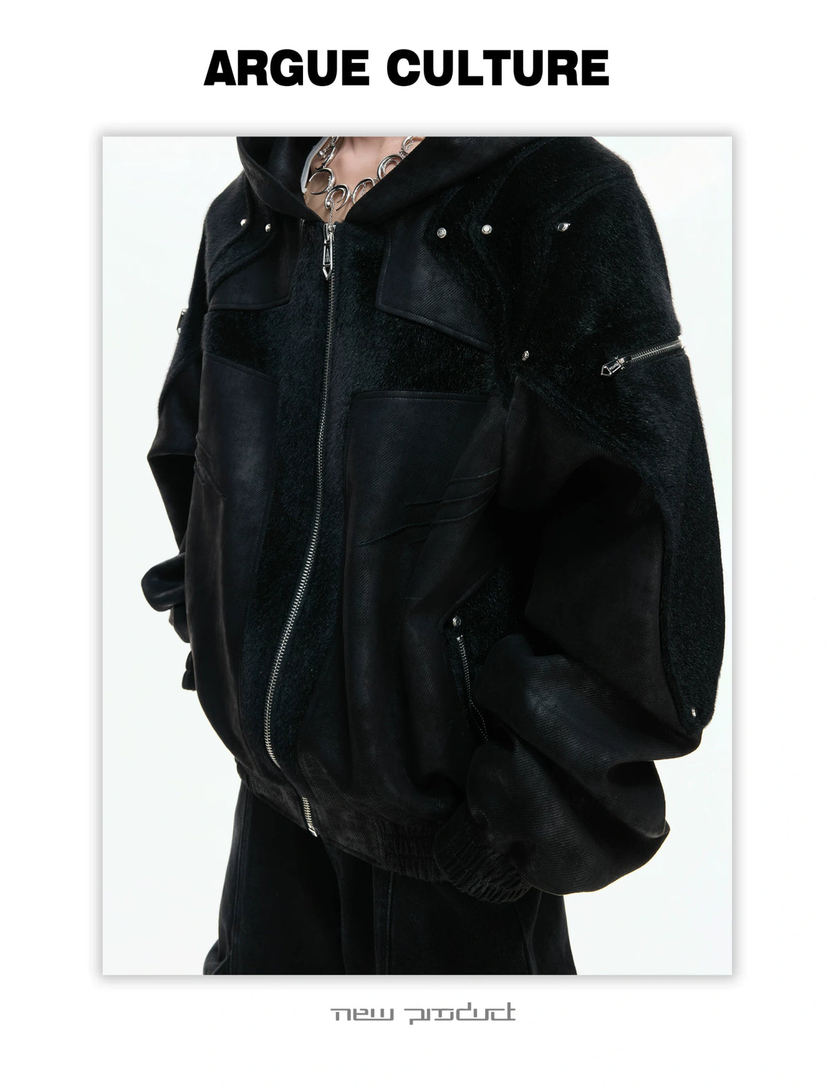Hooded Deconstructed Faux Leather Jacket in Black - description image 8