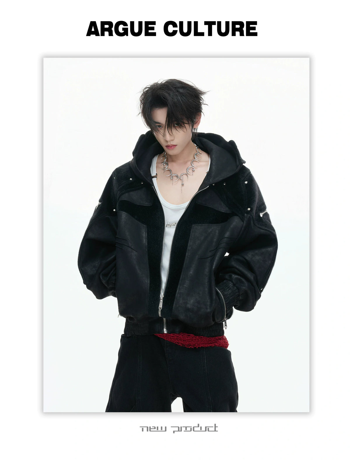 Hooded Deconstructed Faux Leather Jacket in Black - description image 10