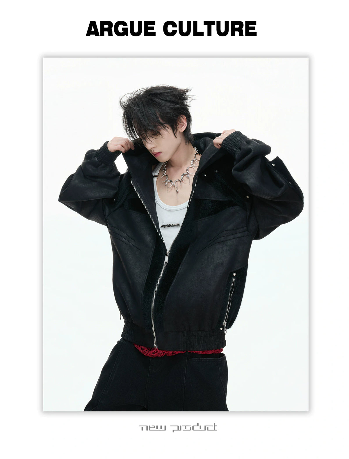 Hooded Deconstructed Faux Leather Jacket in Black - description image 11
