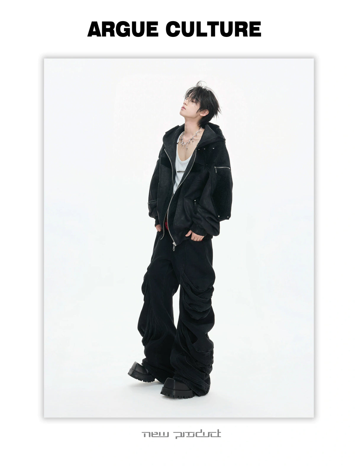 Hooded Deconstructed Faux Leather Jacket in Black - description image 12