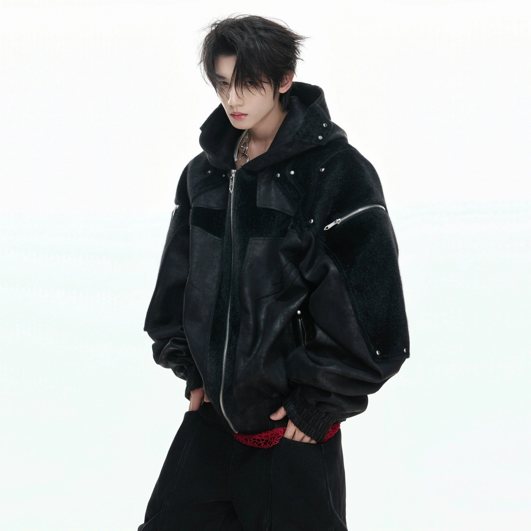 Hooded Deconstructed Faux Leather Jacket in Black - main image 2