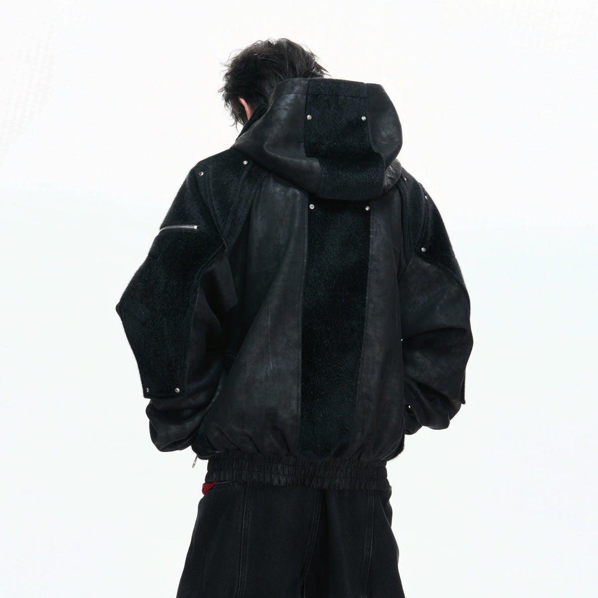 Hooded Deconstructed Faux Leather Jacket in Black - main image 3