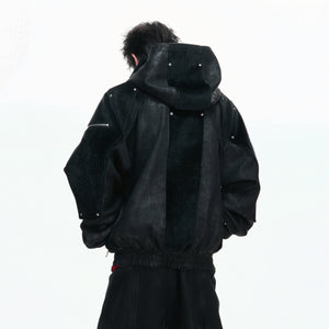 Hooded Deconstructed Faux Leather Jacket in Black - main image 3