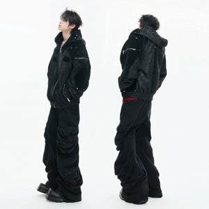 Hooded Deconstructed Faux Leather Jacket in Black - main image 4