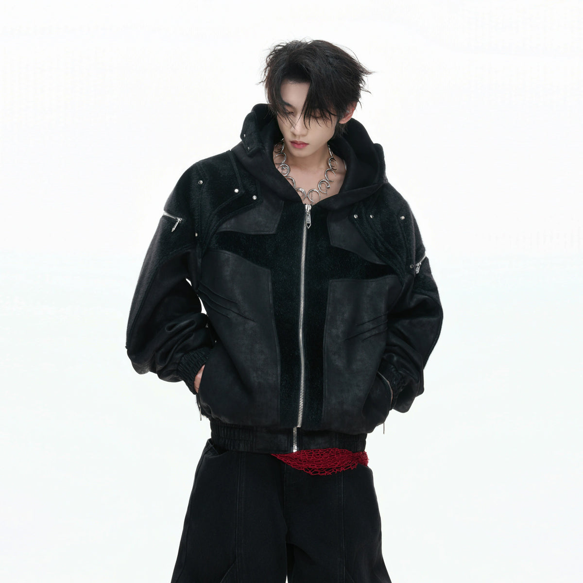 Hooded Deconstructed Faux Leather Jacket in Black - main image 5
