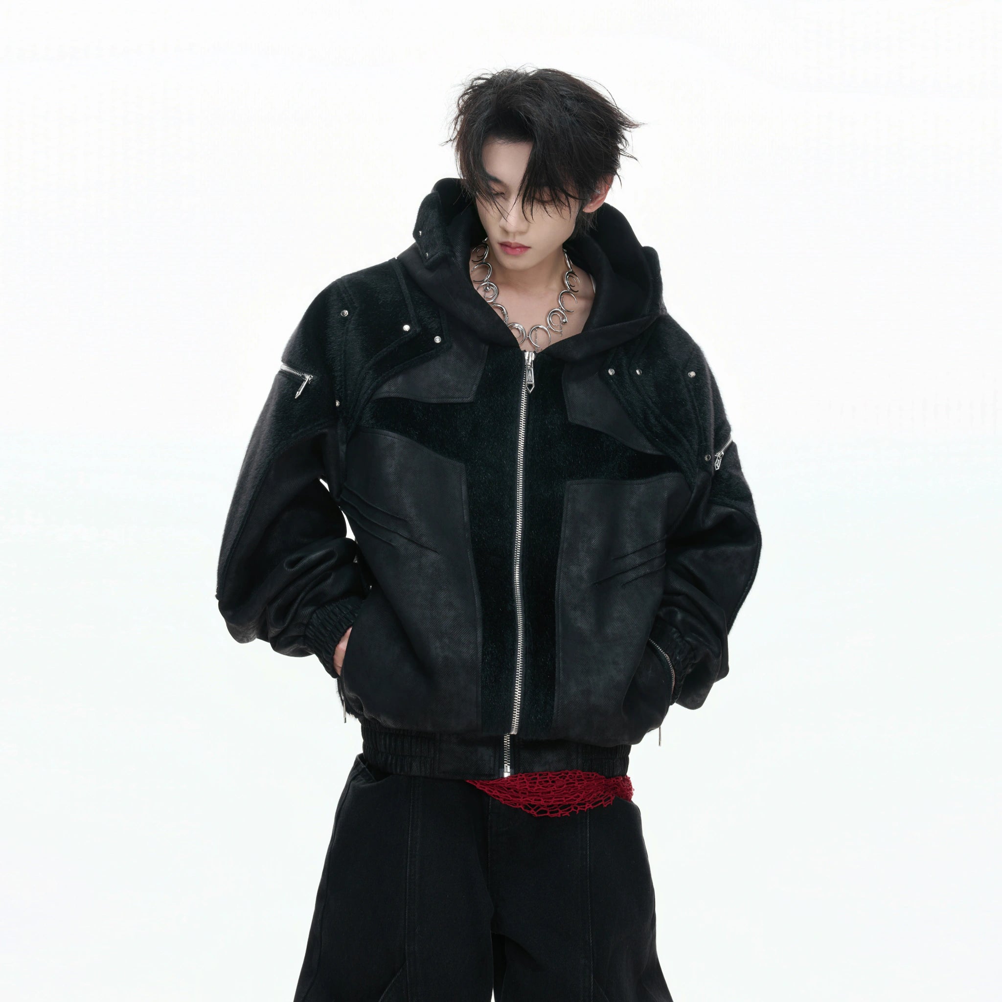 Hooded Deconstructed Faux Leather Jacket in Black - main image 5