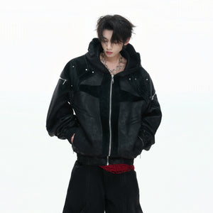 Hooded Deconstructed Faux Leather Jacket in Black - main image 5