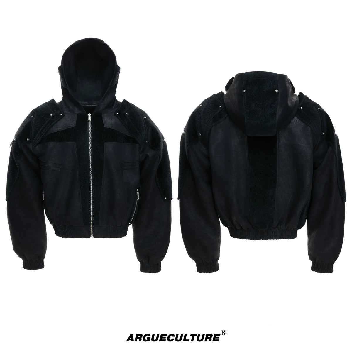 Hooded Deconstructed Faux Leather Jacket in Black - Black Top