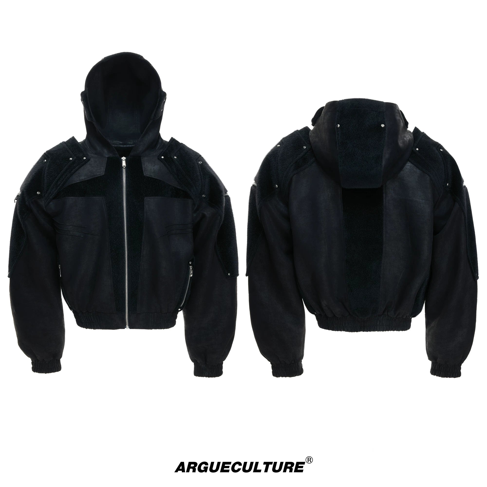 Hooded Deconstructed Faux Leather Jacket in Black - Black Top
