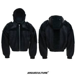 Hooded Deconstructed Faux Leather Jacket in Black - Black Top