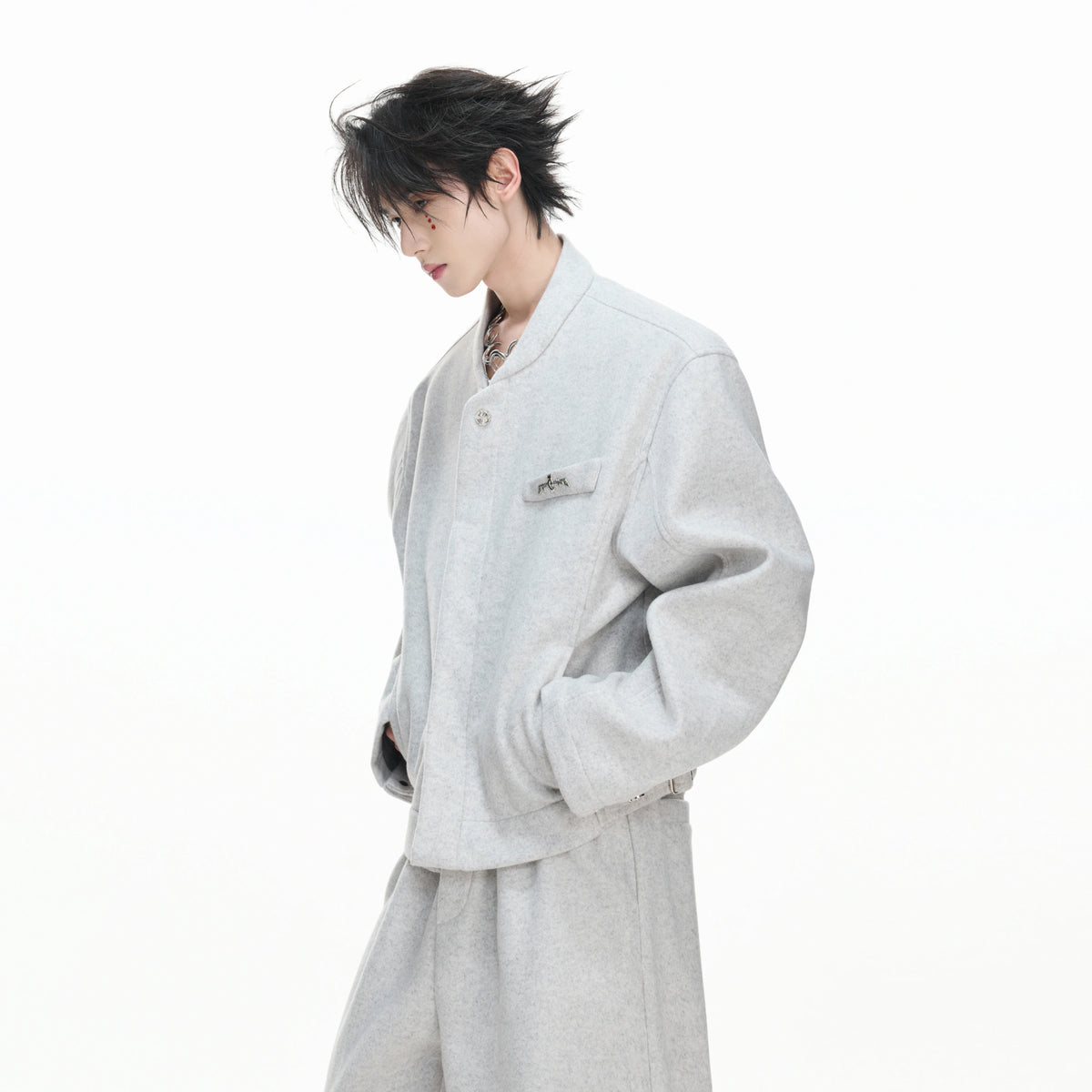 Relaxed Cotton-Wool Cropped Jacket with Metal Logo - main image 3