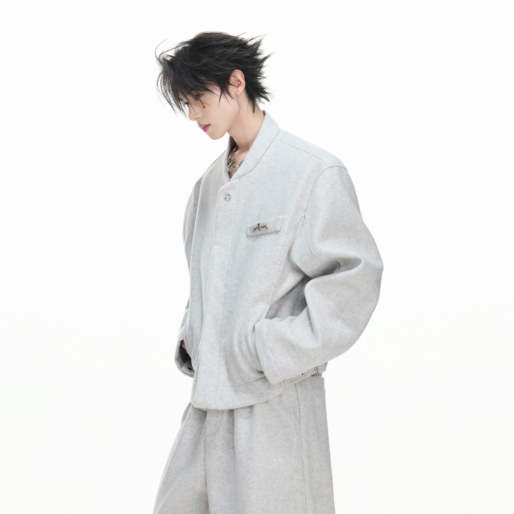 Relaxed Cotton-Wool Cropped Jacket with Metal Logo - main image 3