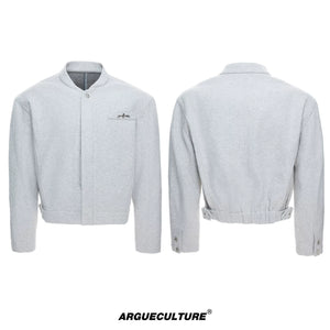 Relaxed Cotton-Wool Cropped Jacket with Metal Logo - Light Gray Top