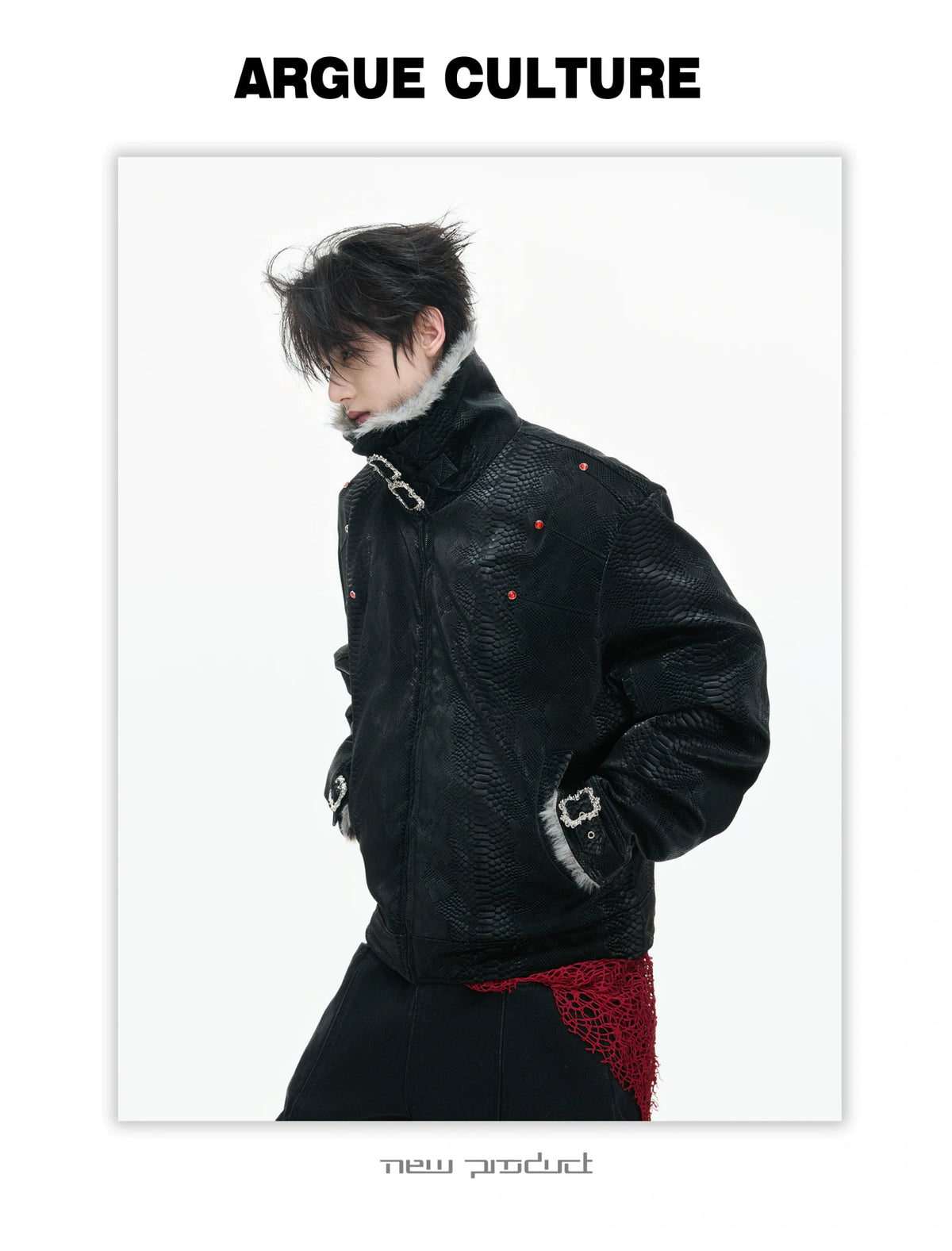Snake-Embossed Faux Leather White Duck Down Jacket - description image 7