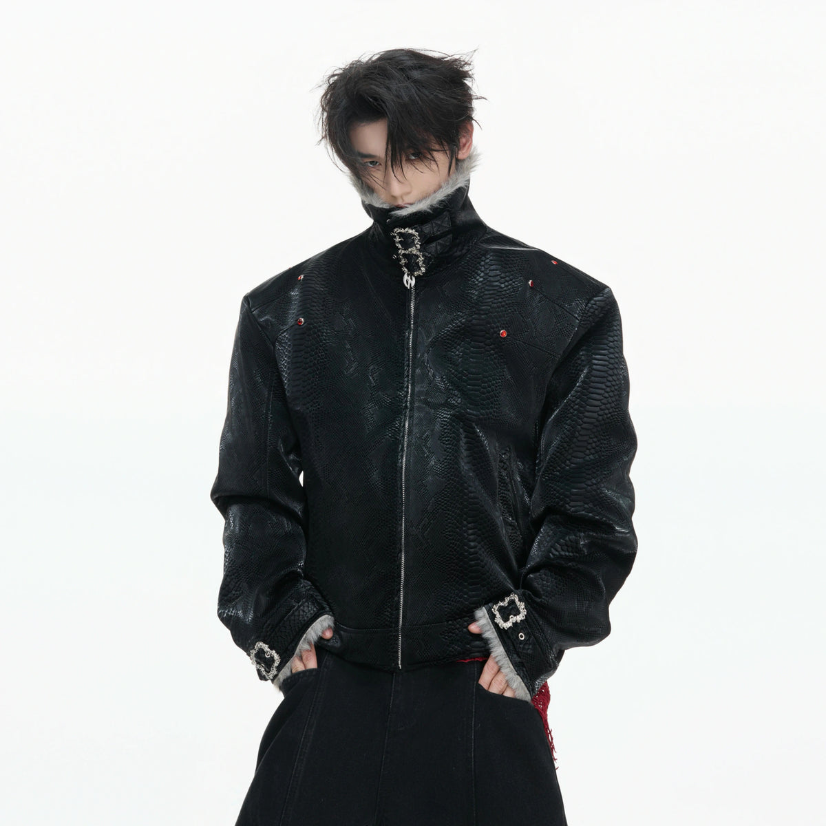 Snake-Embossed Faux Leather White Duck Down Jacket - main image 2