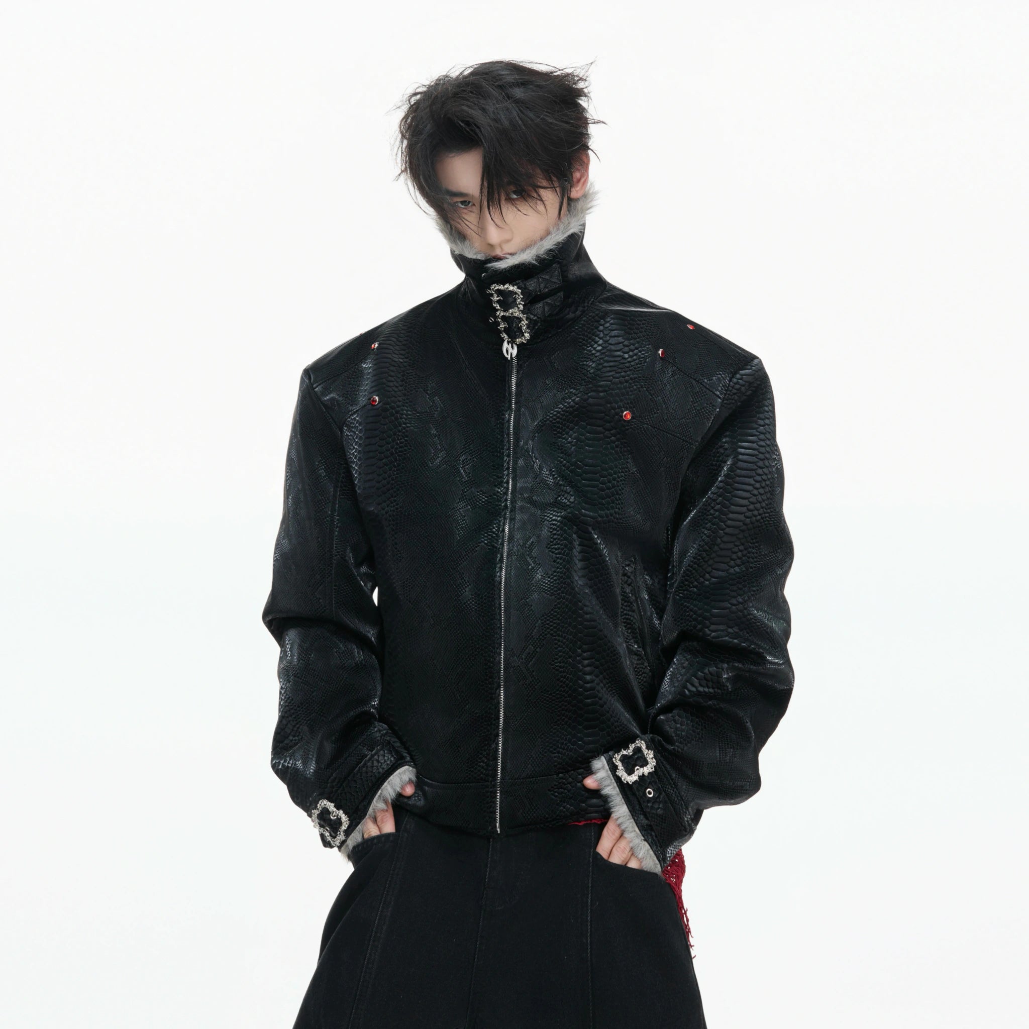 Snake-Embossed Faux Leather White Duck Down Jacket - main image 2