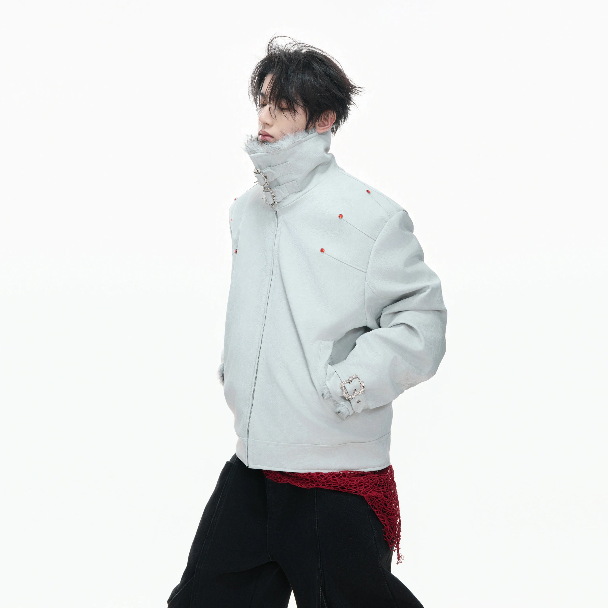 Snake-Embossed Faux Leather White Duck Down Jacket - main image 3