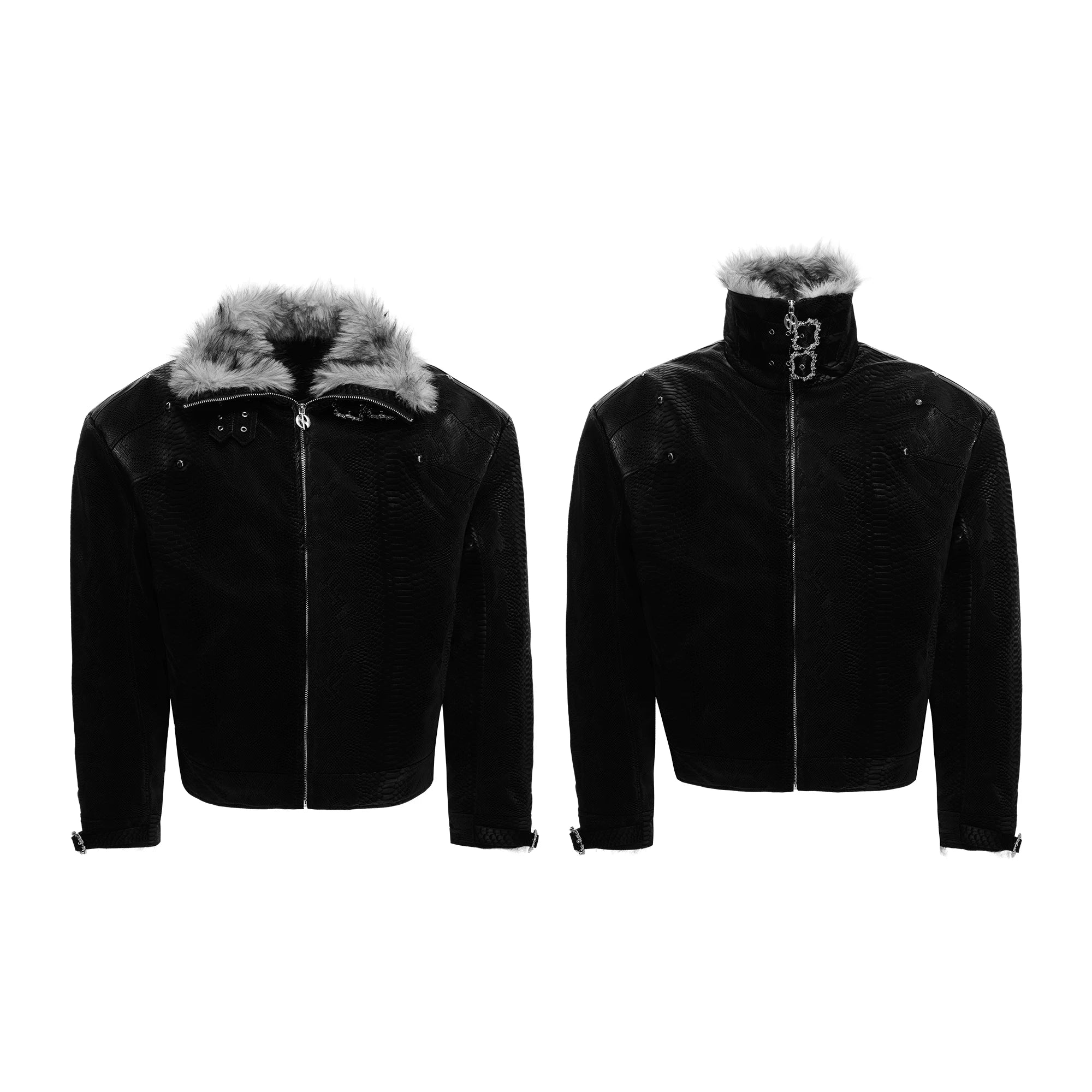 Snake-Embossed Faux Leather White Duck Down Jacket - Black