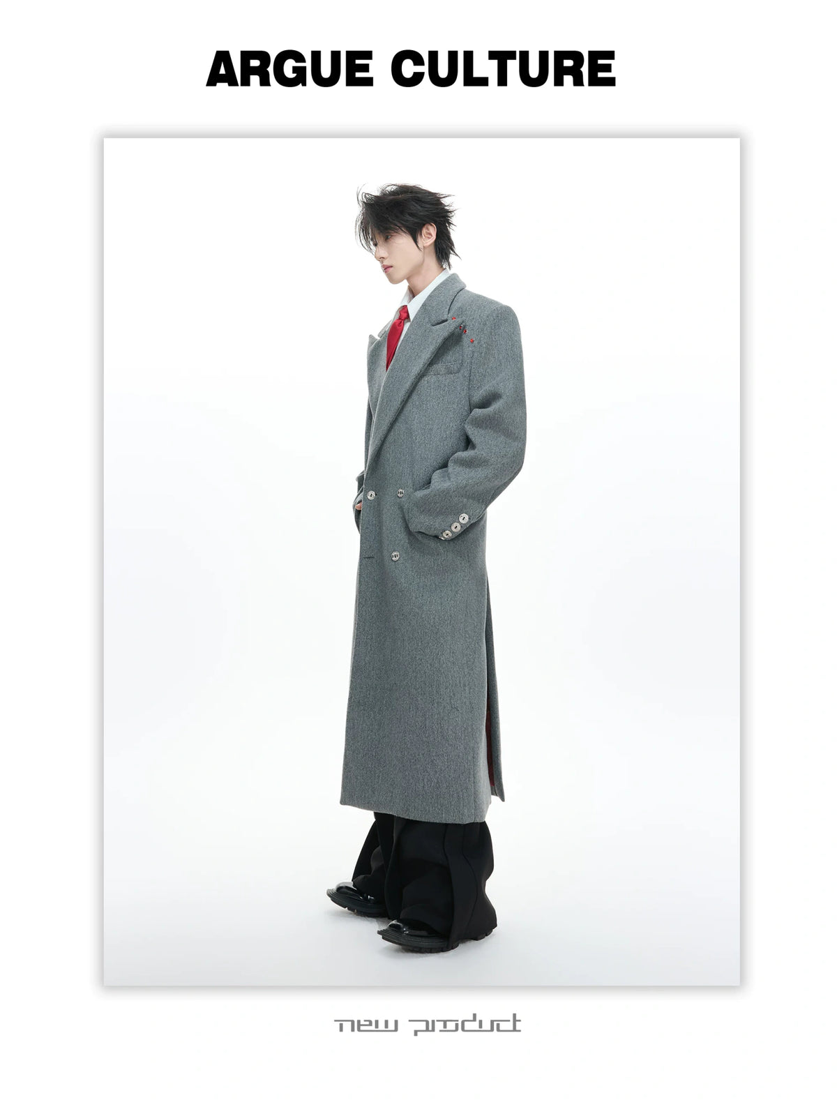 Metal-Accent Double-Breasted Wool Blend Longline Coat - description image 8
