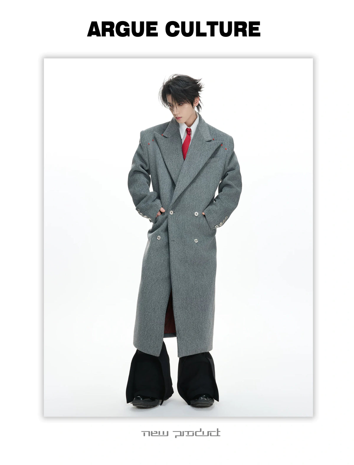 Metal-Accent Double-Breasted Wool Blend Longline Coat - description image 9