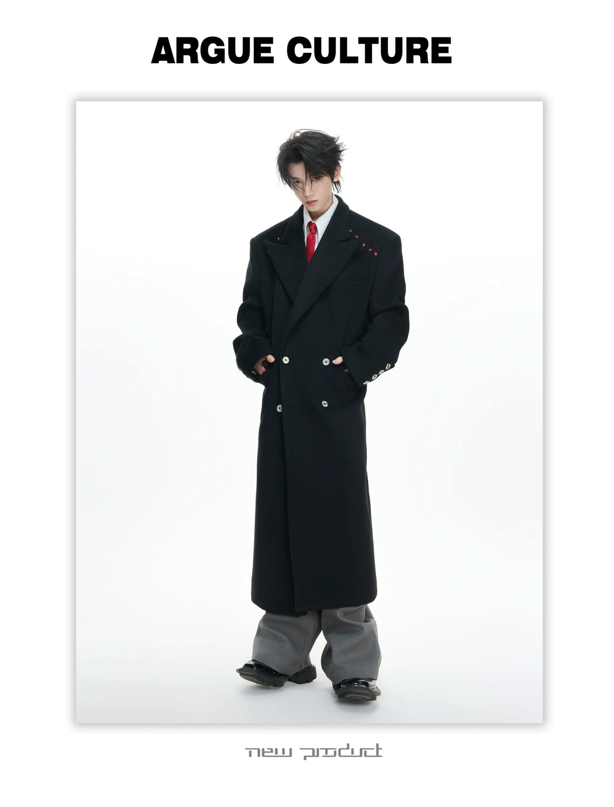 Metal-Accent Double-Breasted Wool Blend Longline Coat - description image 10