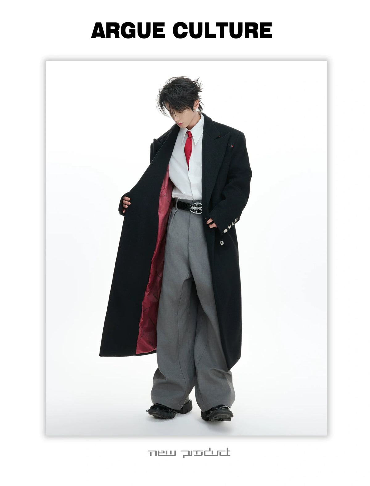 Metal-Accent Double-Breasted Wool Blend Longline Coat - description image 11
