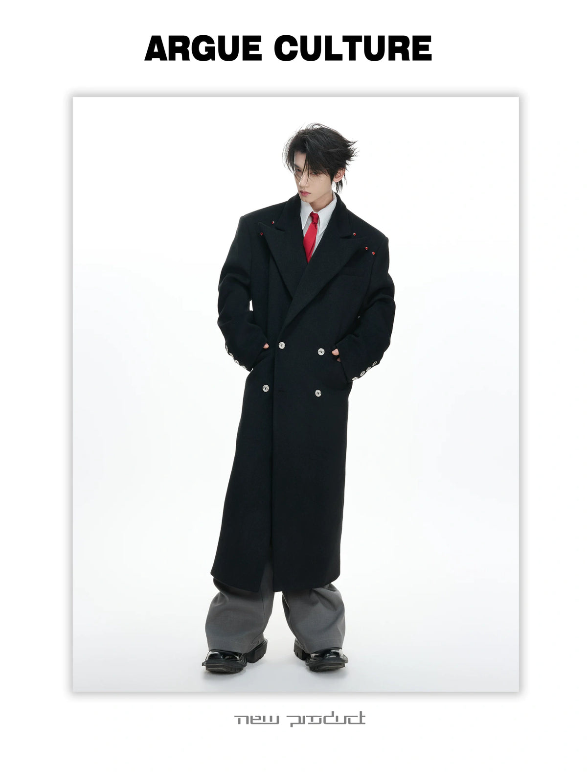 Metal-Accent Double-Breasted Wool Blend Longline Coat - description image 12