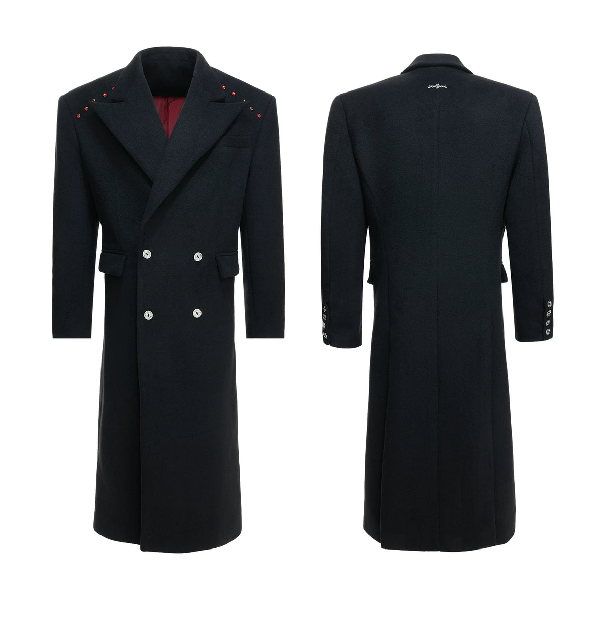 Metal-Accent Double-Breasted Wool Blend Longline Coat - description image 13