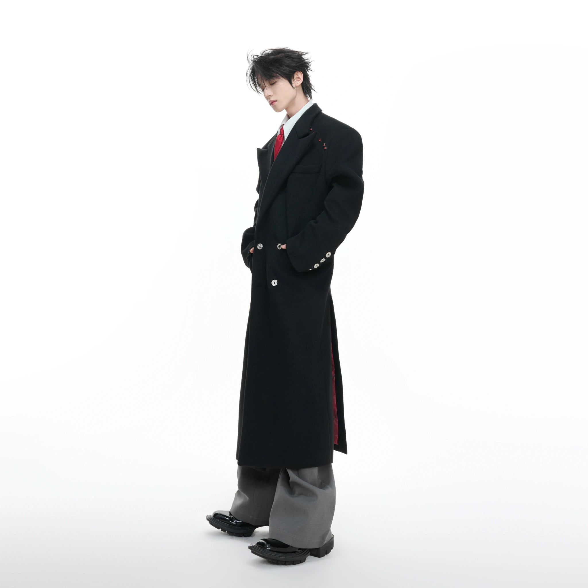 Metal-Accent Double-Breasted Wool Blend Longline Coat - main image 1
