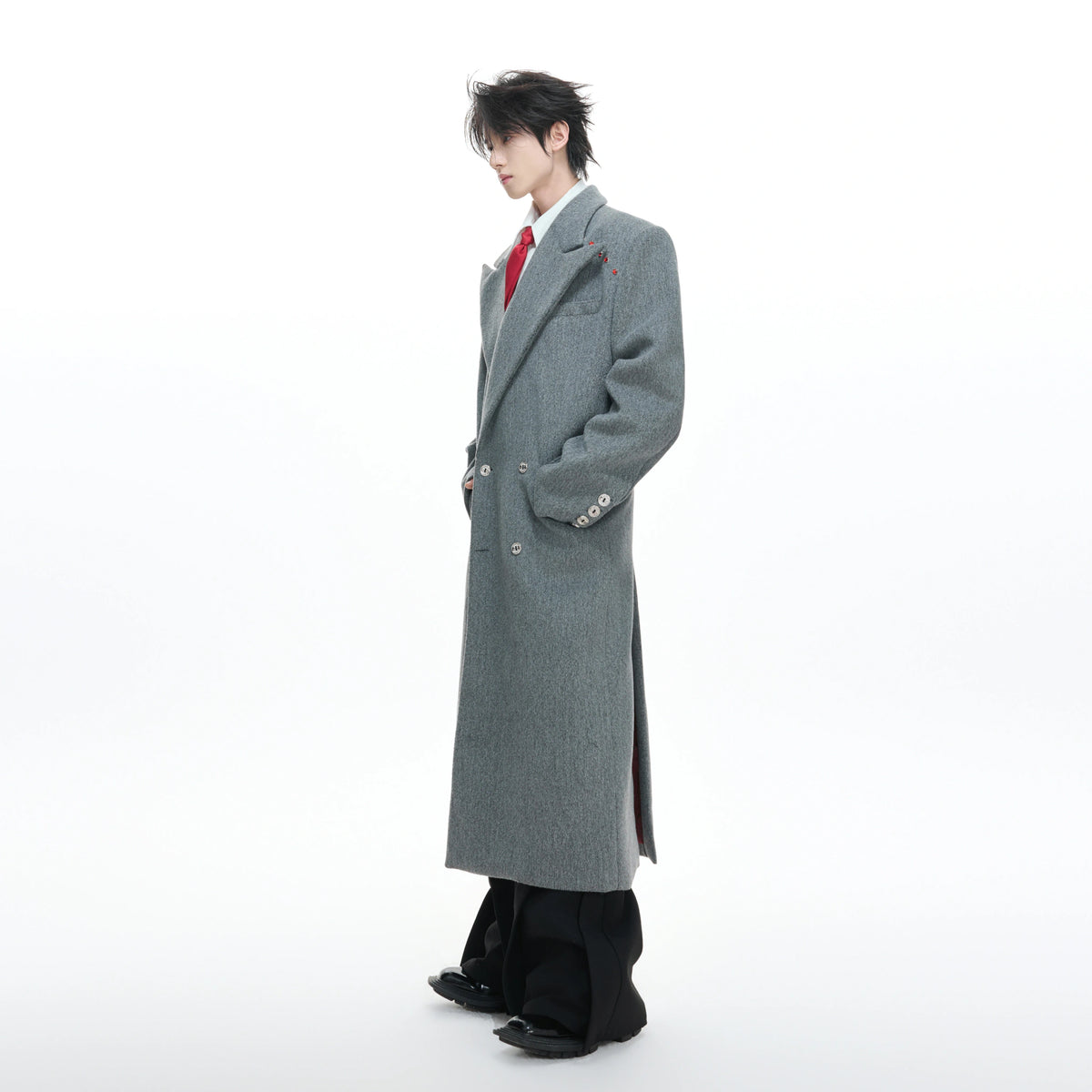 Metal-Accent Double-Breasted Wool Blend Longline Coat - main image 3