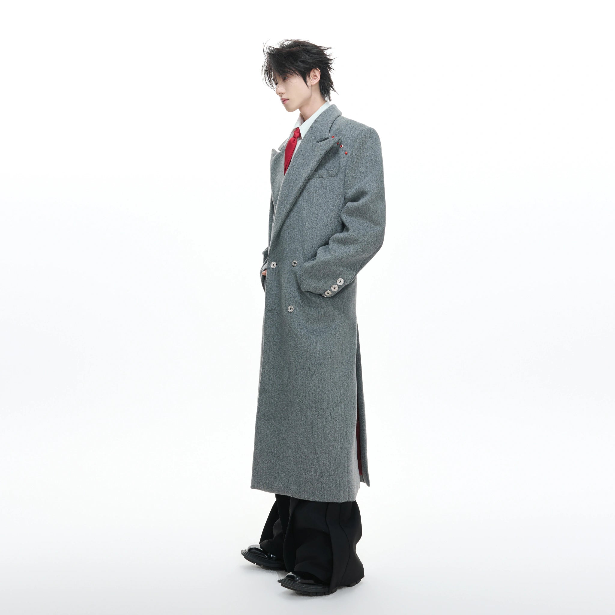 Metal-Accent Double-Breasted Wool Blend Longline Coat - main image 3