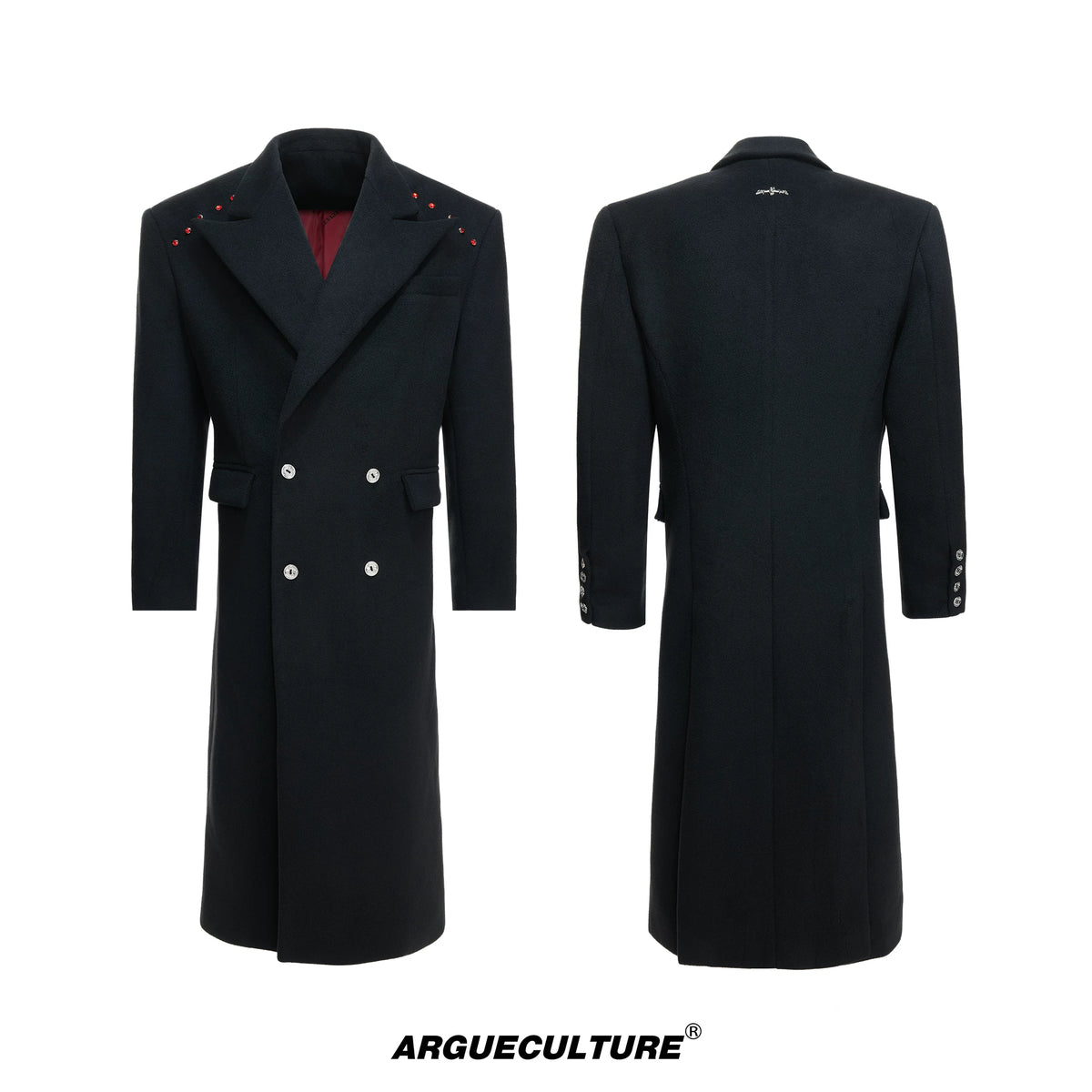 Metal-Accent Double-Breasted Wool Blend Longline Coat - Quilted Black Top