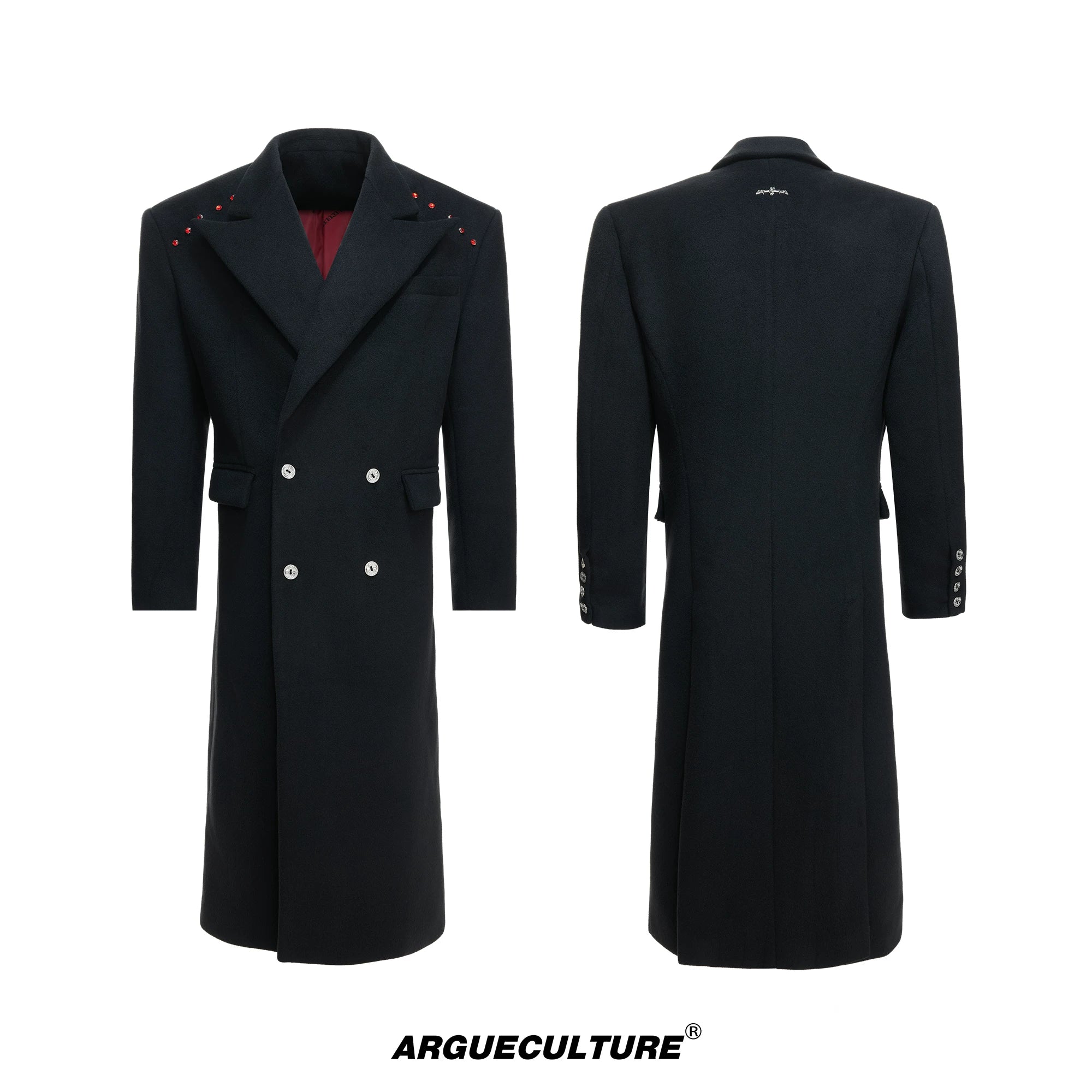 Metal-Accent Double-Breasted Wool Blend Longline Coat - Quilted Black Top