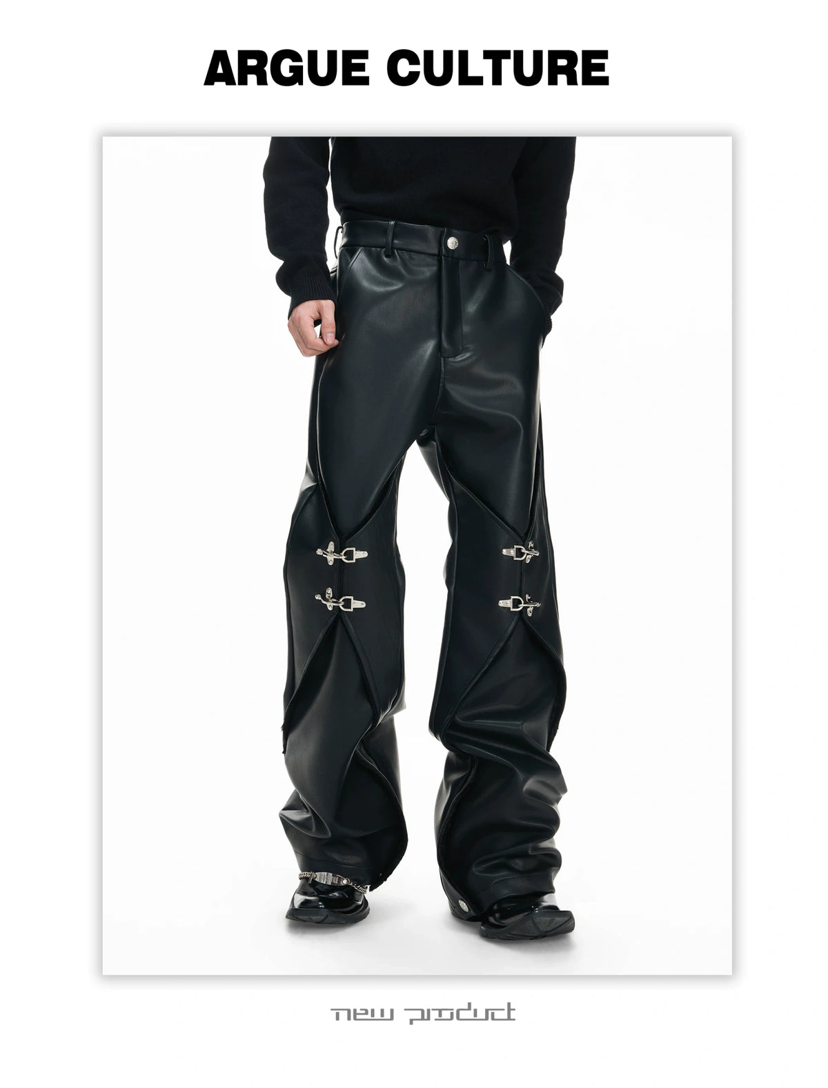 Black Faux-Leather Straight-Leg Pants with Metal Buckles - description image 4