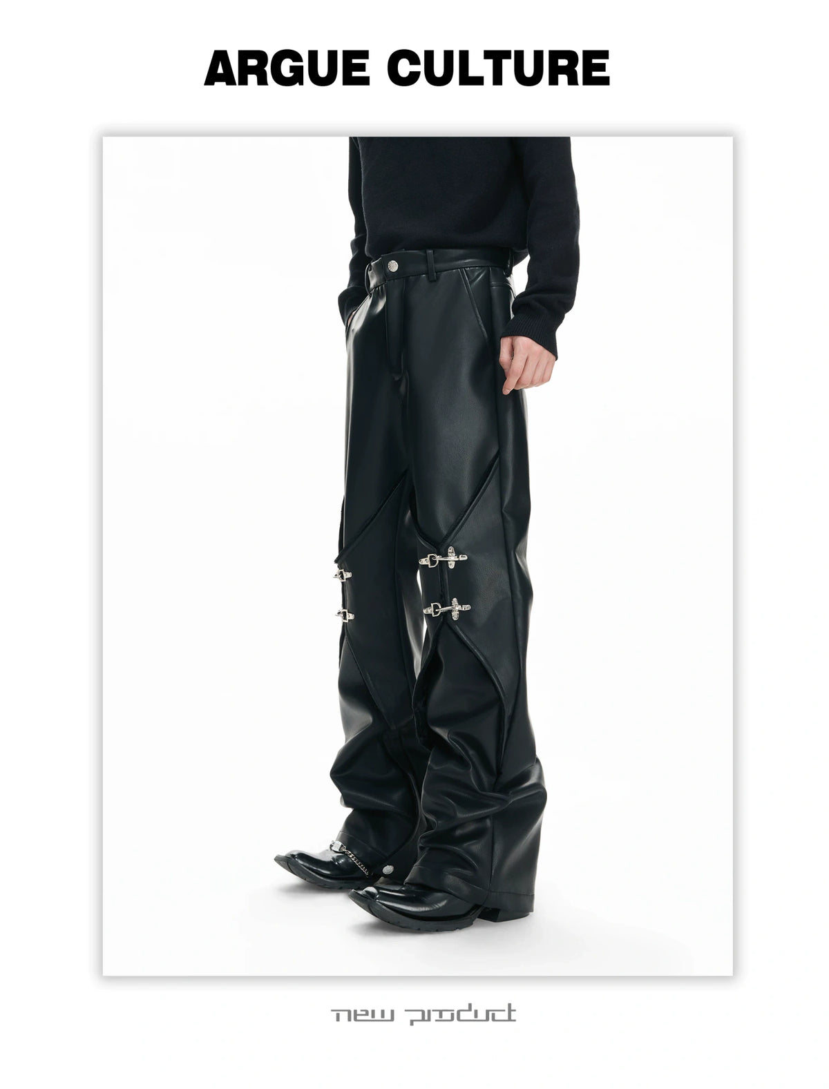 Black Faux-Leather Straight-Leg Pants with Metal Buckles - description image 5