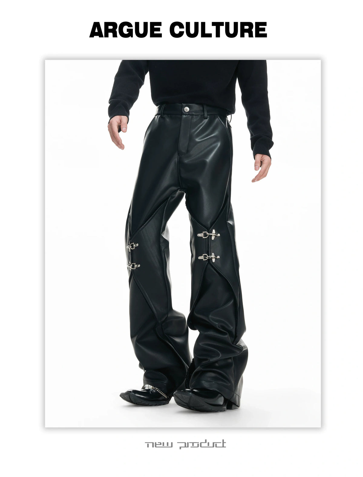 Black Faux-Leather Straight-Leg Pants with Metal Buckles - description image 7