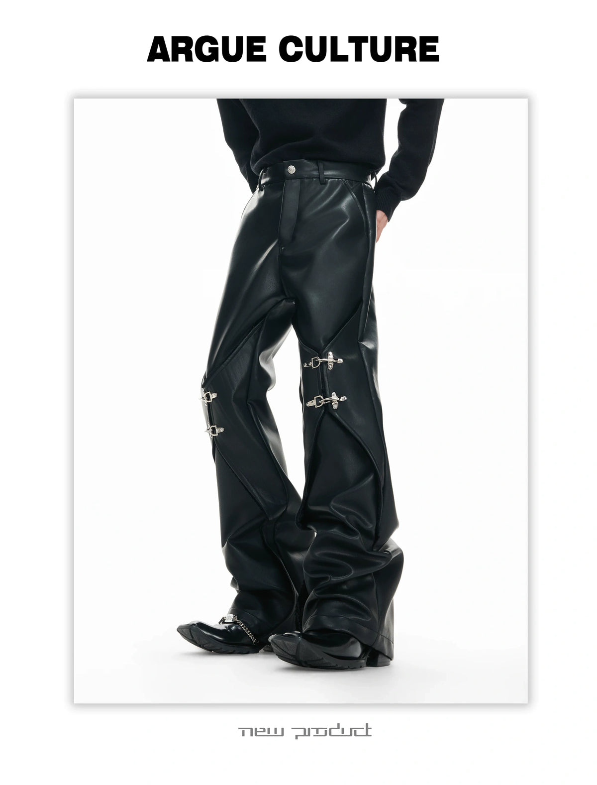 Black Faux-Leather Straight-Leg Pants with Metal Buckles - description image 8