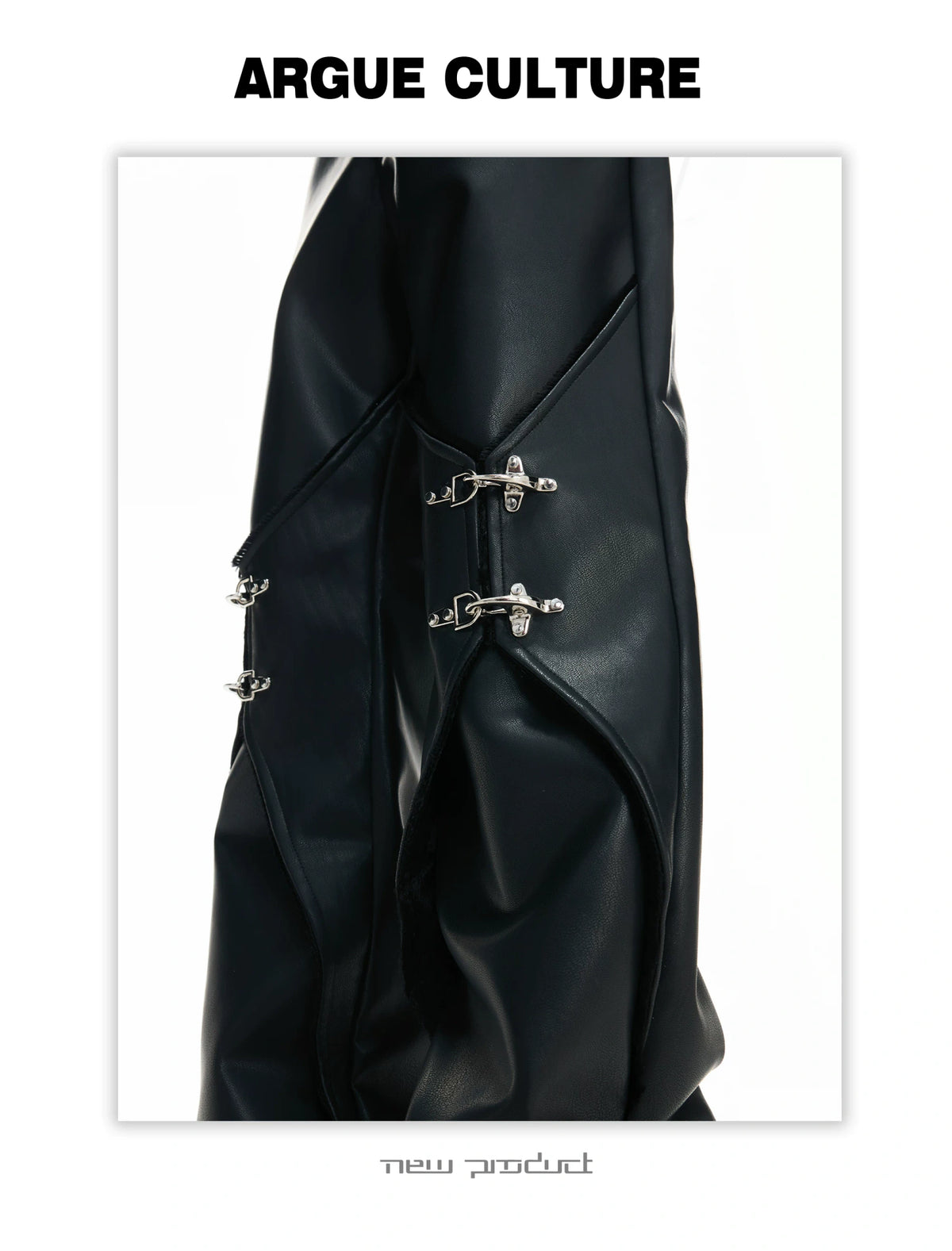 Black Faux-Leather Straight-Leg Pants with Metal Buckles - description image 9