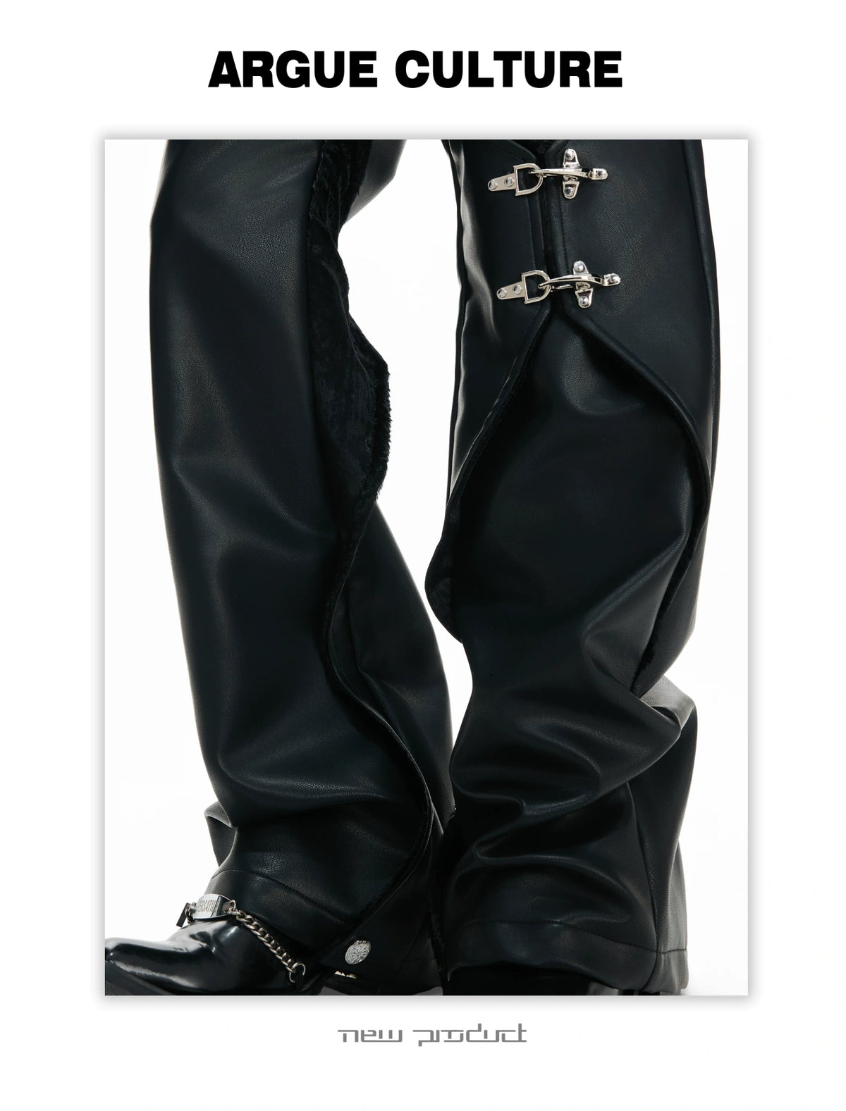 Black Faux-Leather Straight-Leg Pants with Metal Buckles - description image 10